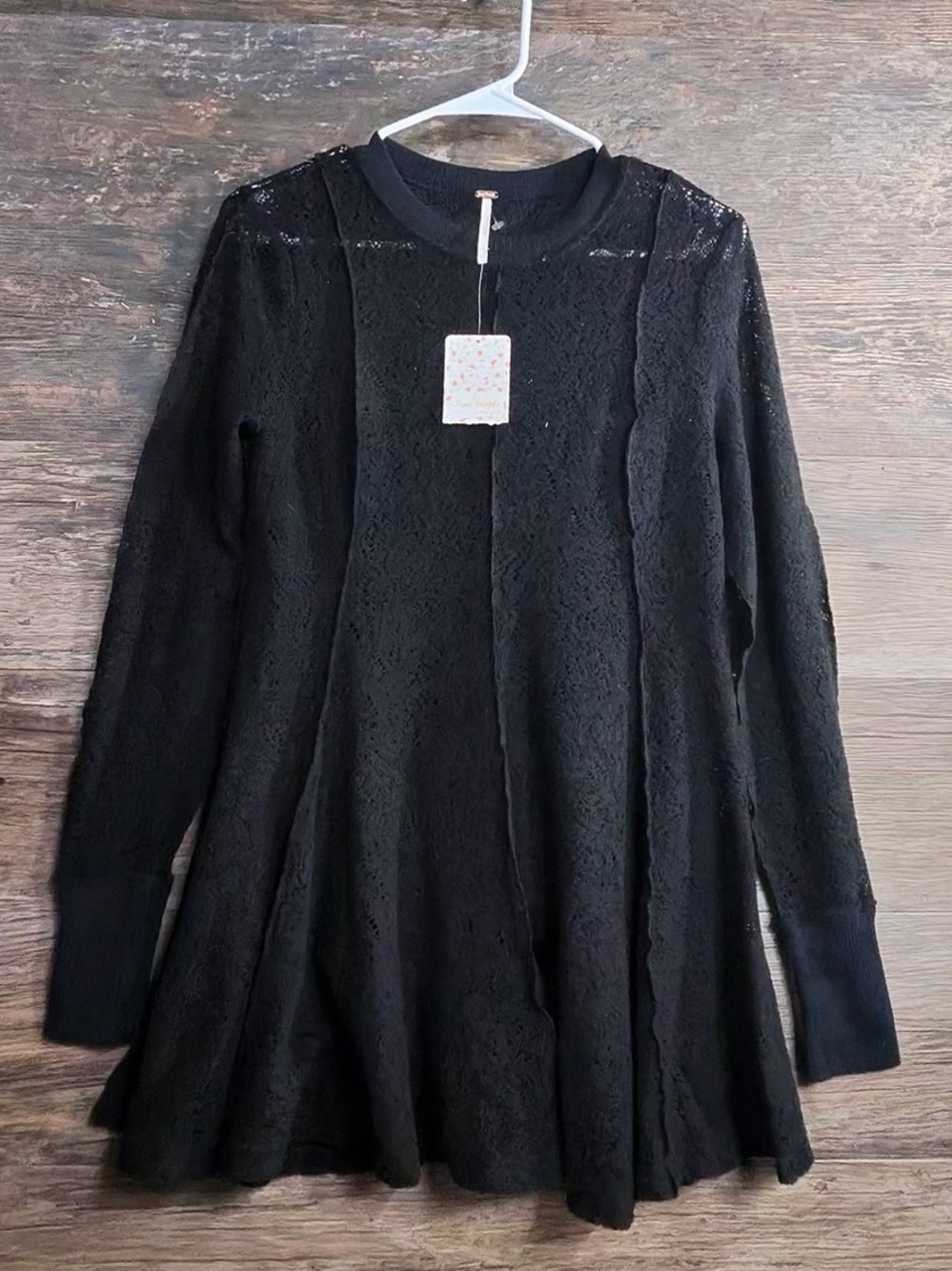 Free People Black Lace Panel Long Sleeve Blouse
